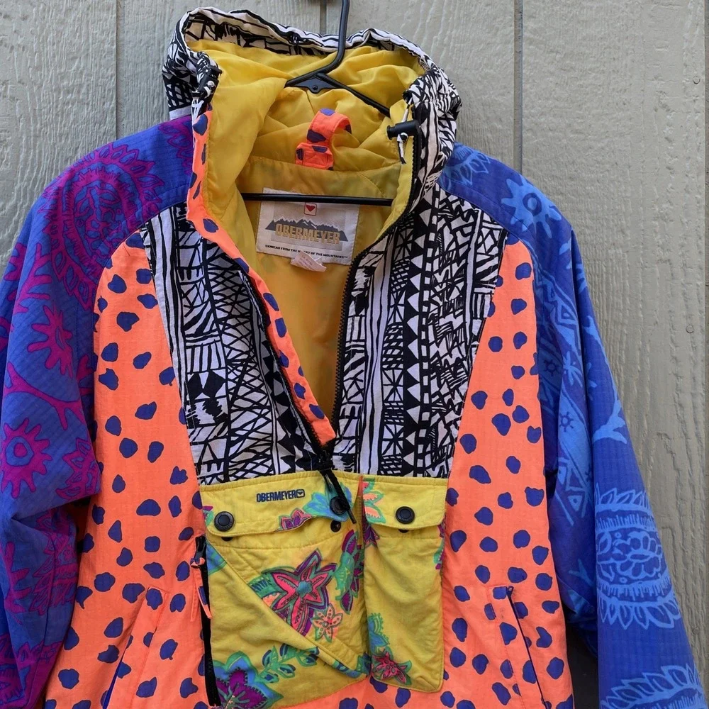 VTG  Obermeyer Ski Jacket Womens‎ Small 1/2 zip Shouler pads Retro Embroidered